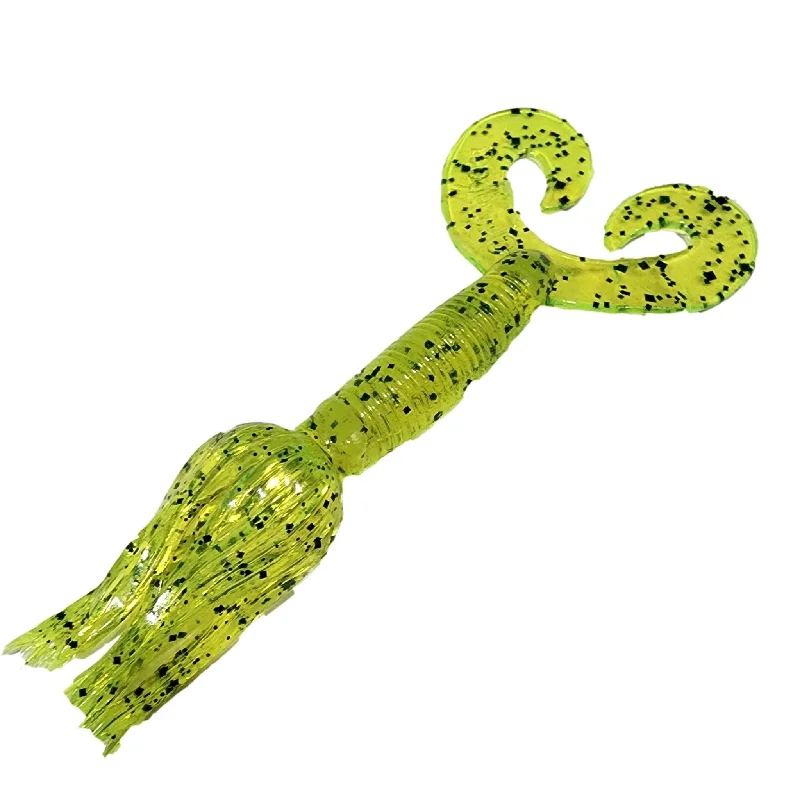 Fishing lures for clear water-Fishing Lures for tackle boxes-Chompers Skirted Twin Tail Grub 5" Qty 10 Chartreuse Pepper