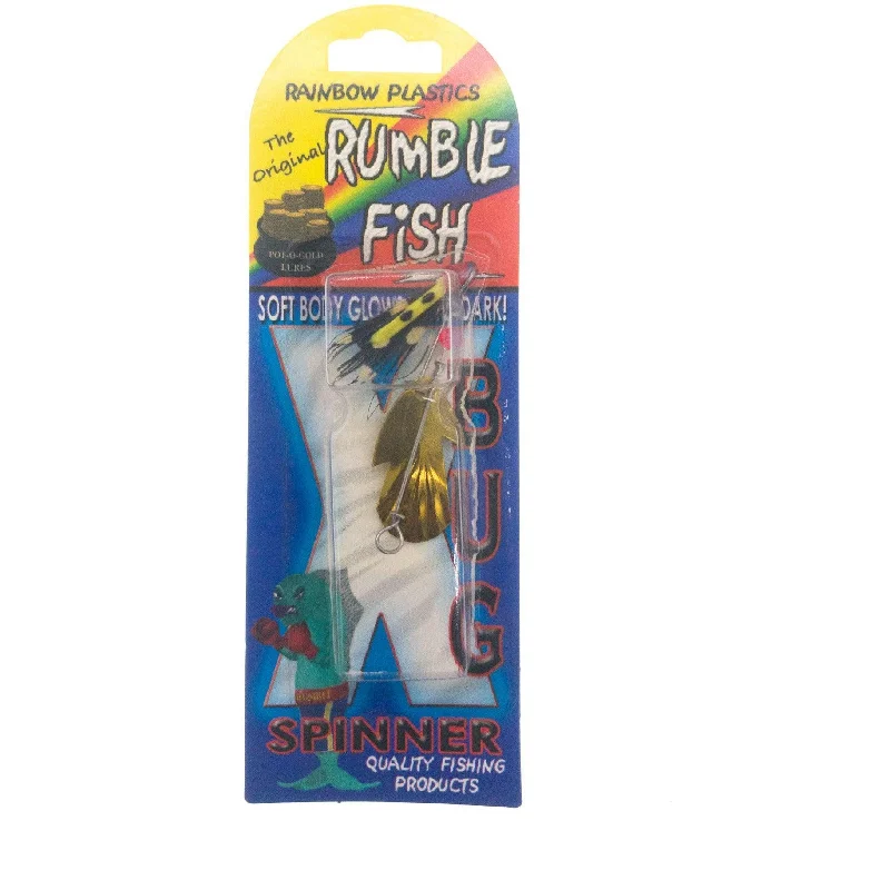 Fishing leaders for offshore fishing-Rainbow Plastics Original Rumble Fish Bug In Line Spinner #4 Blade Brass