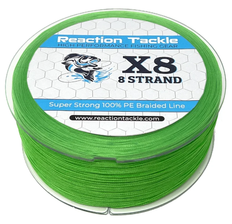 Fishing leaders for slow retrieval-Reaction Tackle X8 Braided Fishing Line- Hi Vis Green 8 Strand