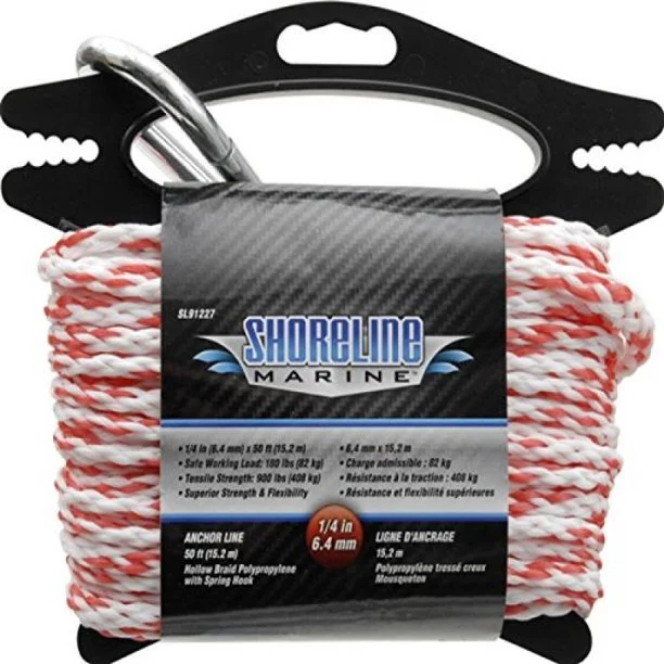 Best fishing lines for durability-Shoreline Marine Grade Polypropylene Anchor Line 1/4" X 50' WHT/RED